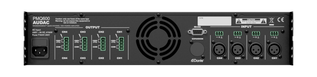 PMQ600 Power Amplifier 4 x 600W @ 70/100V - optional Dante (ANI44XT)