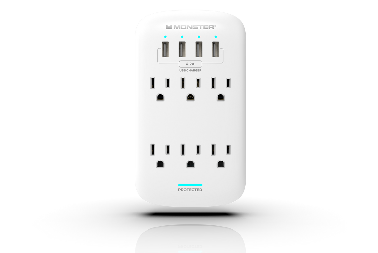 ME5016W Wall Tap Surge Protector 6 AC 4 USB A White