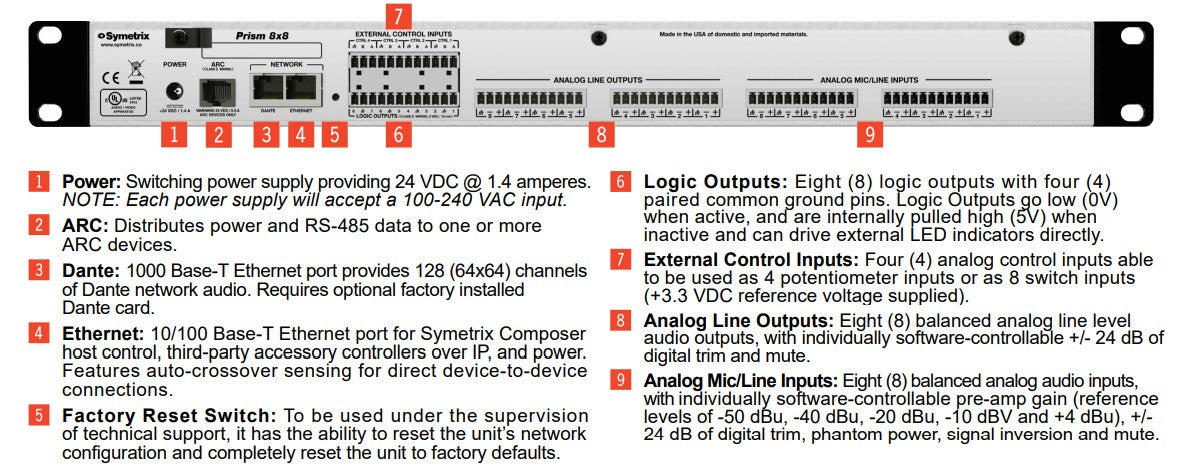 Prism 8x8 Programmable DSP, 8 mic/line in, 8 line out, 64x64 Dante, ARC