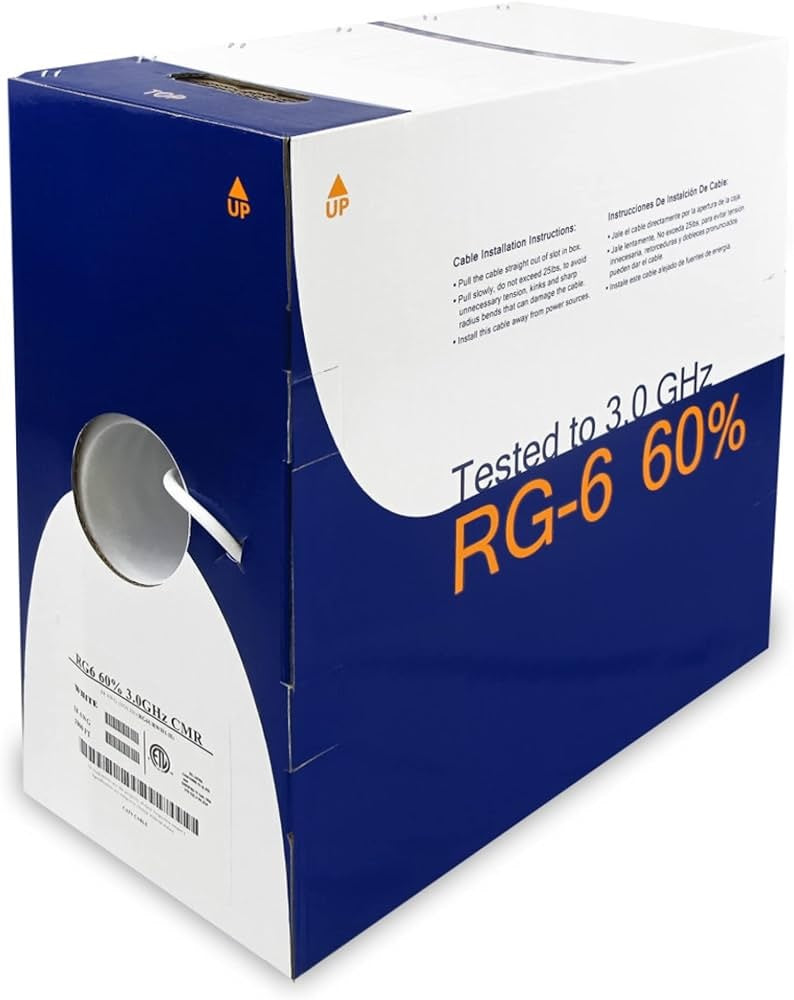 RG6 Cable 1000ft Pull-out Box Rated to 3 GHz 60% Overall Shielding 18 Gauge Copper Clad Steel