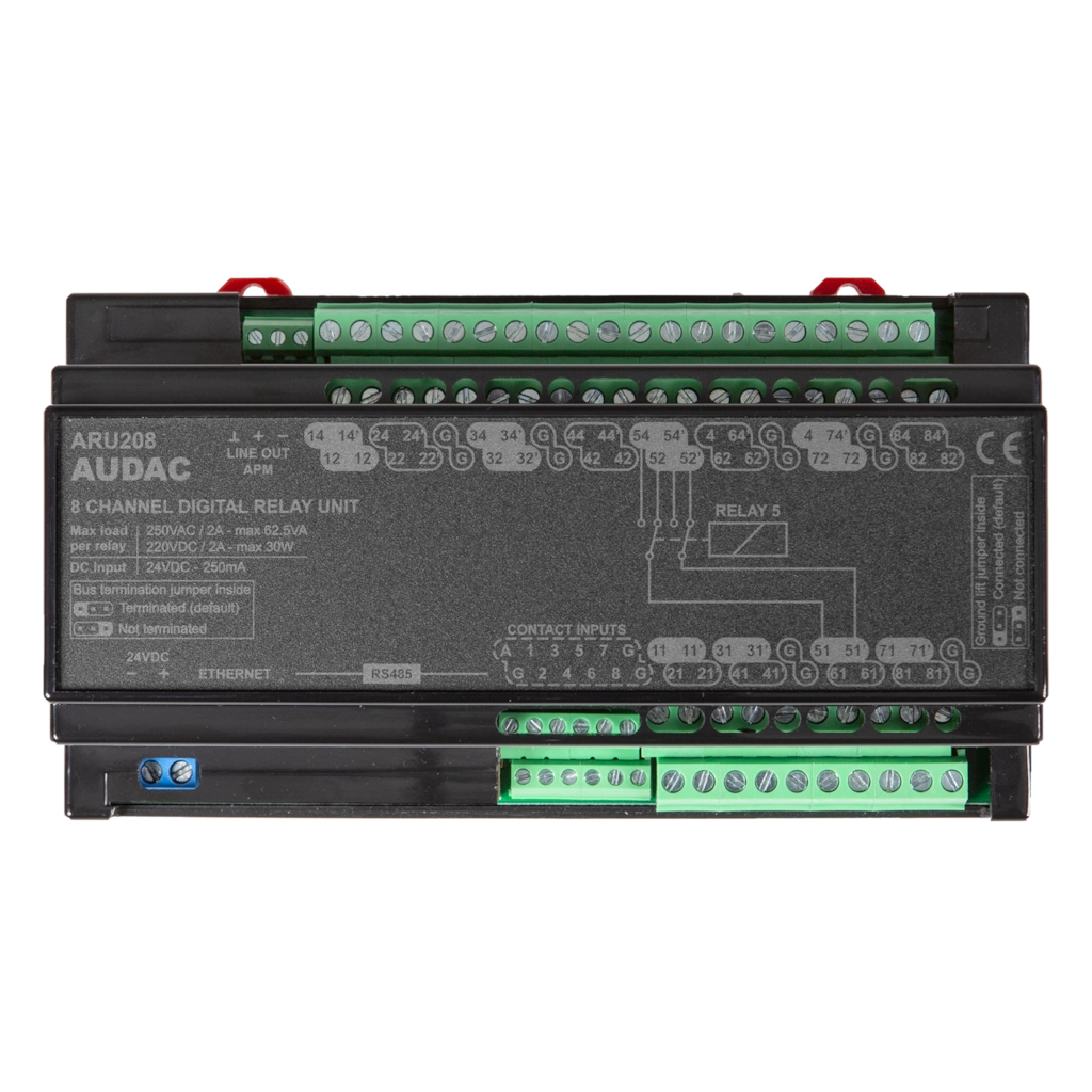 ARU208 Audac Touch enabled 8 Switching Relay unit with RS485 & TCP/IP Control (DIN enclosure)