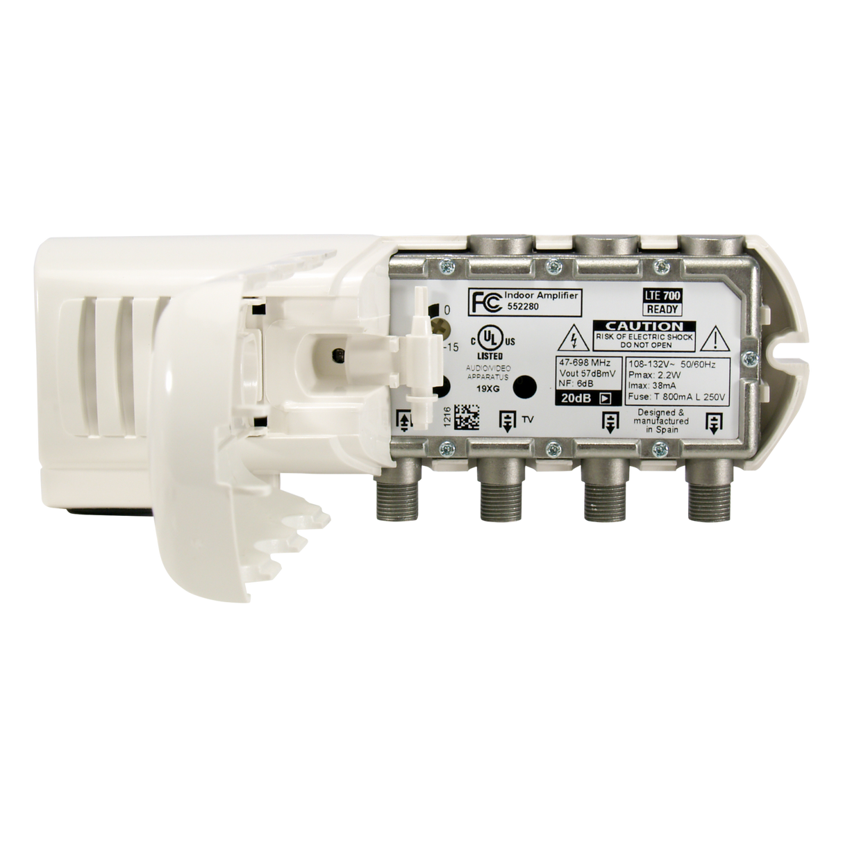 552280 Distribution Amplifier 2 Output 20dB Gain Adjustable Gain Control "F" domestic amplifier 3 outputs (2+TV): VHF/UHF