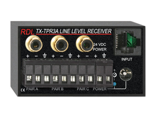 RDL DB-TPR3A Active Three-Pair Receiver Twisted Pair Format-A / XLR and Stereo Phono Outputs Black