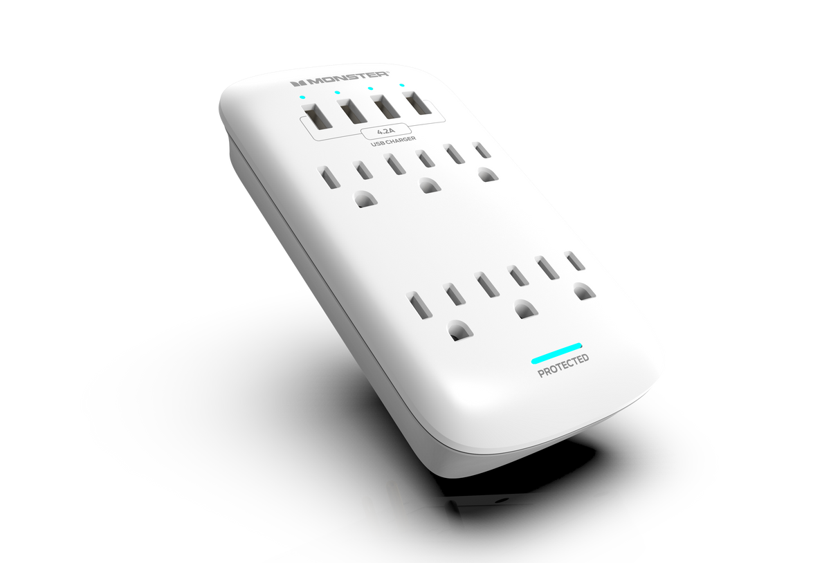 Monster Power ME5016W Wall Tap Surge Protector 6 AC 4 USB A White