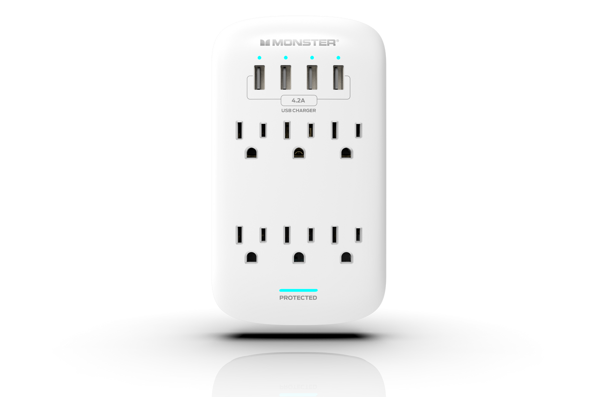 Monster Power ME5016W Wall Tap Surge Protector 6 AC 4 USB A White