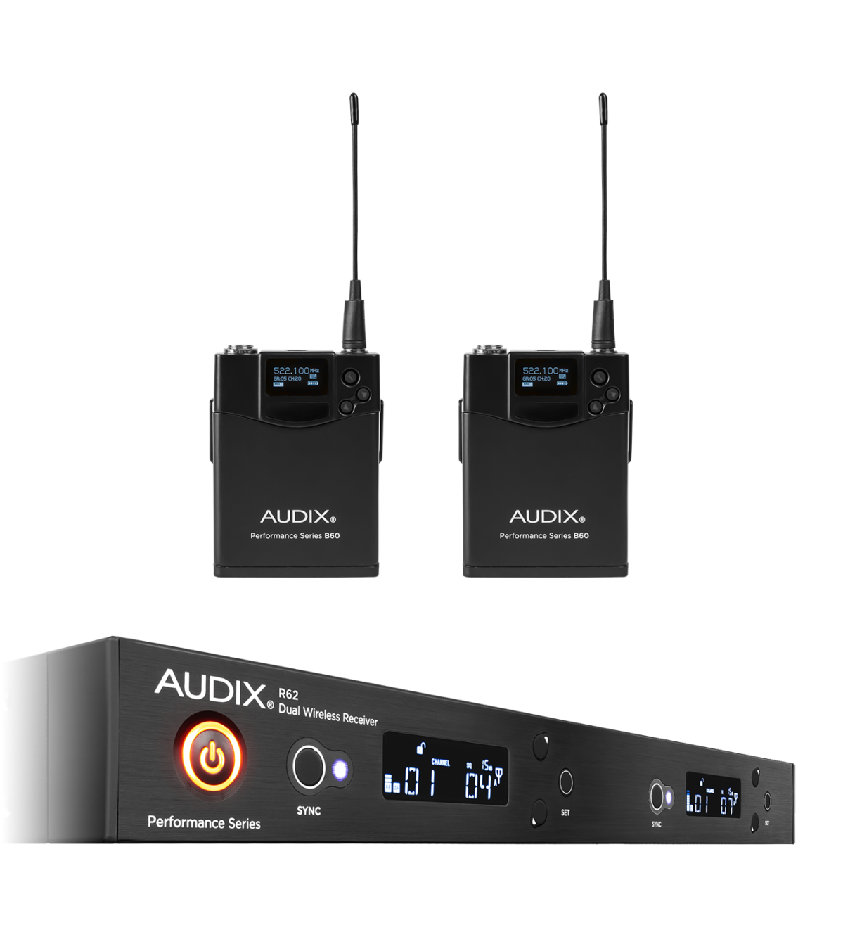 AP62BP Wireless Microphone System R62 Two Channel True Diversity Receiver with Two B60 Bodypack Transmitters (522-586 MHz)