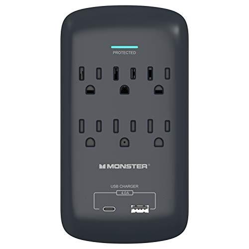 Monster Power ME5003 Wall Tap Surge 6 AC 1 USB A 1 USB C Black
