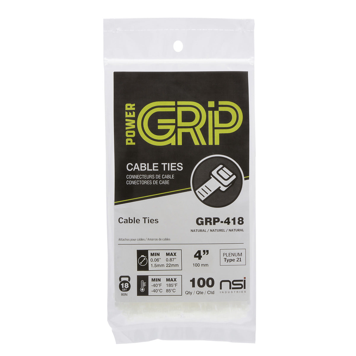PowerGRP GRP-418 Cable Tie 4" 18lb 100PK