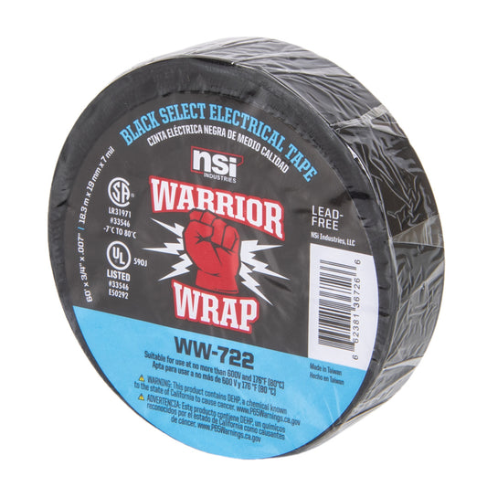 Warrior Wrap WW-722 7mil Select Purpose Vinyl Electrical Tape Black