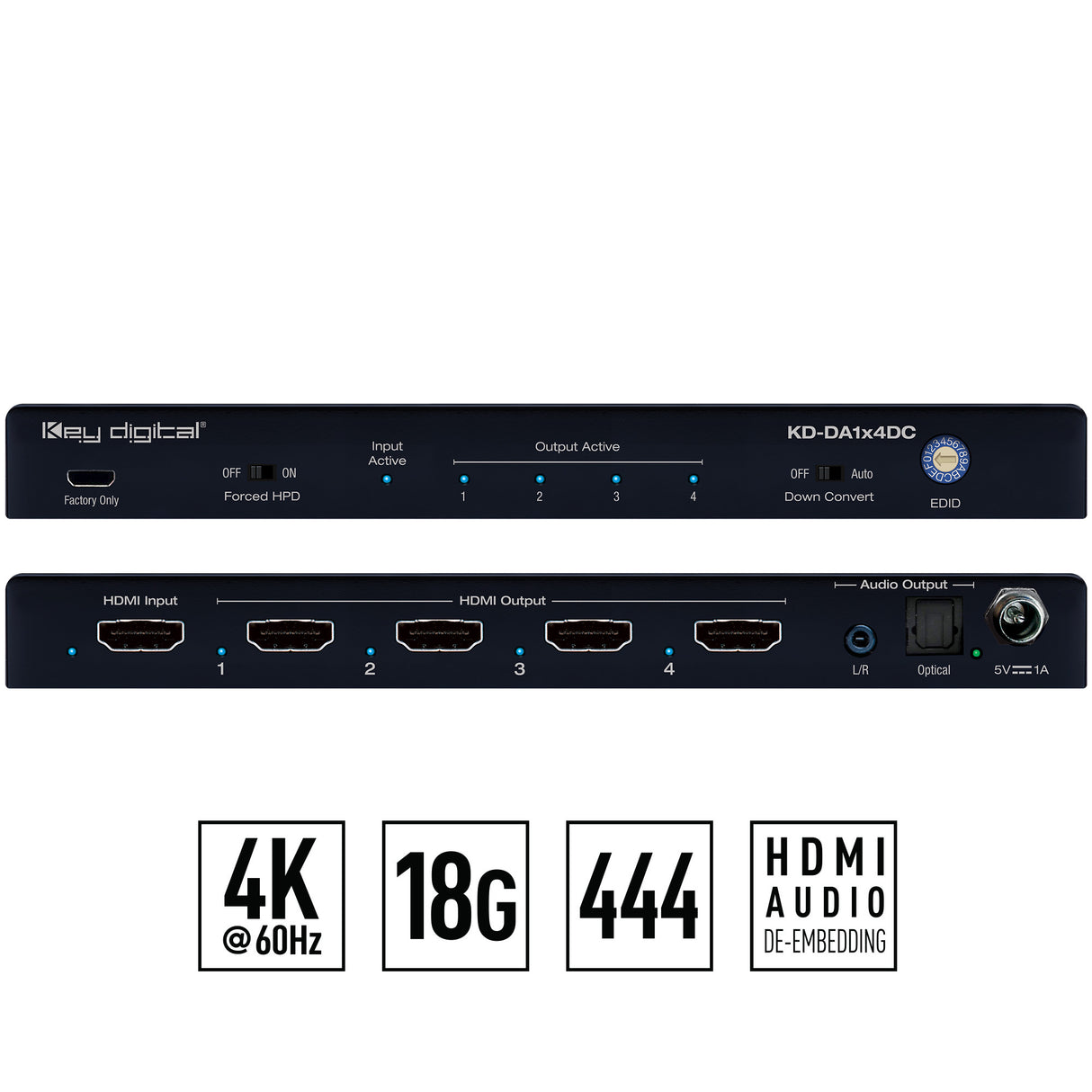 KD-DA1x4DC Distribution Amp 4K 18G 4 Output HDMI Splitter